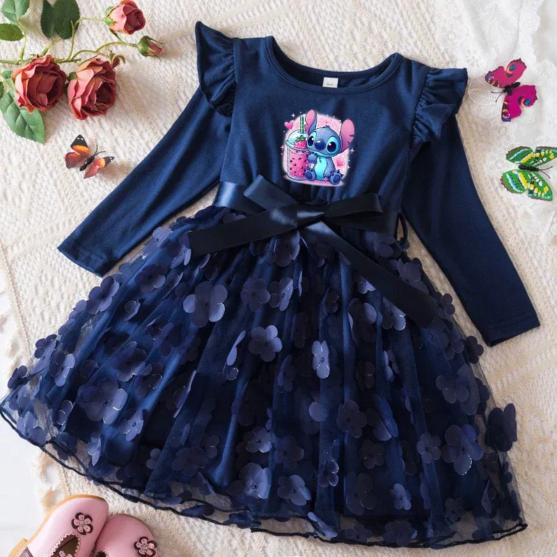 Color: Light Yellow, Size: One Size, Height: 176 - Lilo Stitch Girl Baby Dresses Spring Autumn Child Long Sleeve Sweet Princess Dress Mesh Newborn Casual Dress Birthday Party 2-6Y