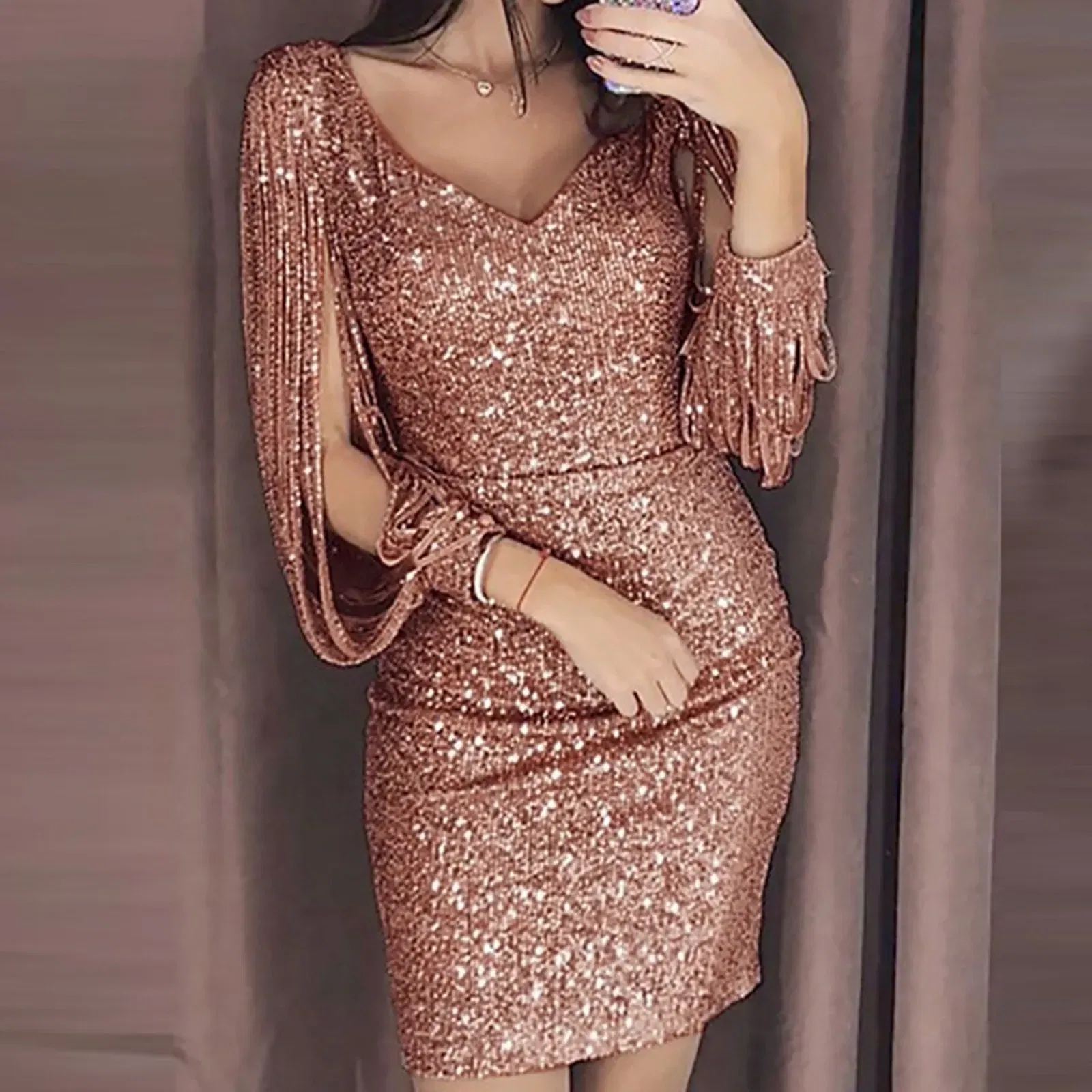 Color: Khaki, Size: M, Ships From: CN - Sexy Women Evening Party Dresses Club Slim Long Sleeved V-neck Mini Dresses for Women Sexy  Female New Year Night Dress 2024