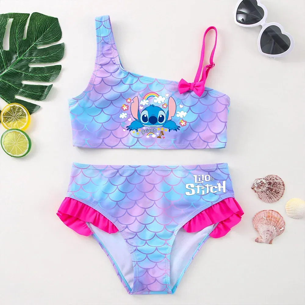 Color: Light Green, Size: M - Lilo Stitch Girls Swimsuit One-Piece Bathing Suits Children's Dresses Summer Swimwear Beach Suit Kids Wear Fashion Mermaid Fish