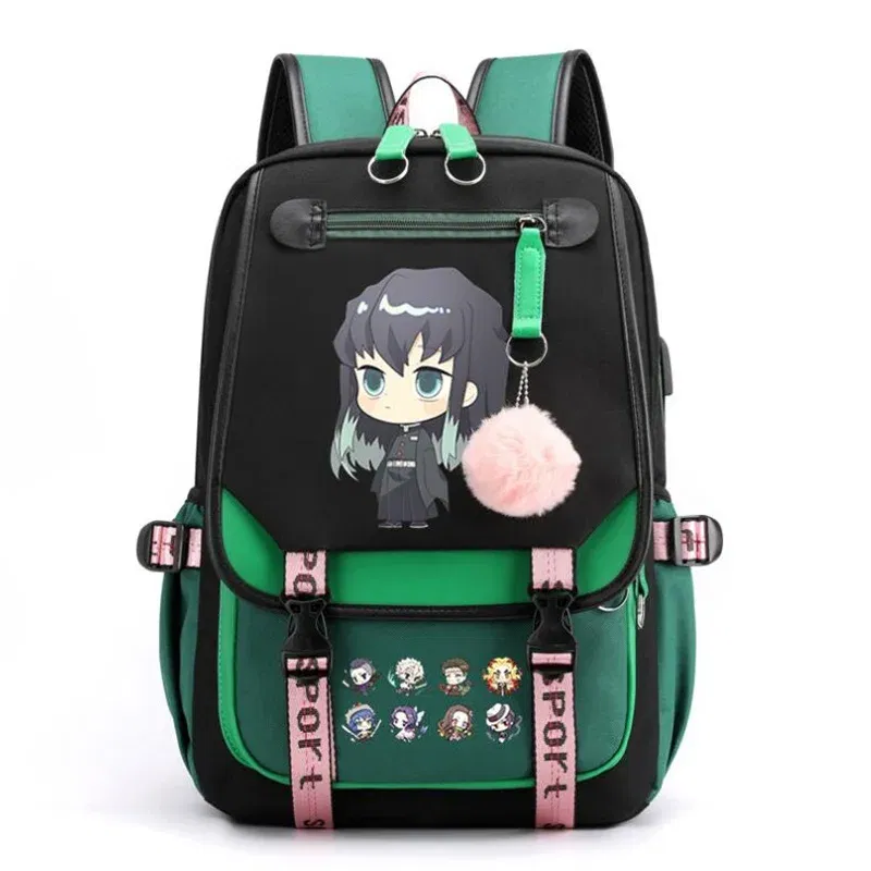 Color: Dark Grey, Size: 17 Inches - Demon Slayer Backpack Schoolbag USB Laptop Bag Tokitou Muichirou Kanroji Mitsuri Men Women Rucksack Travel Shoulder Outdoor Bags