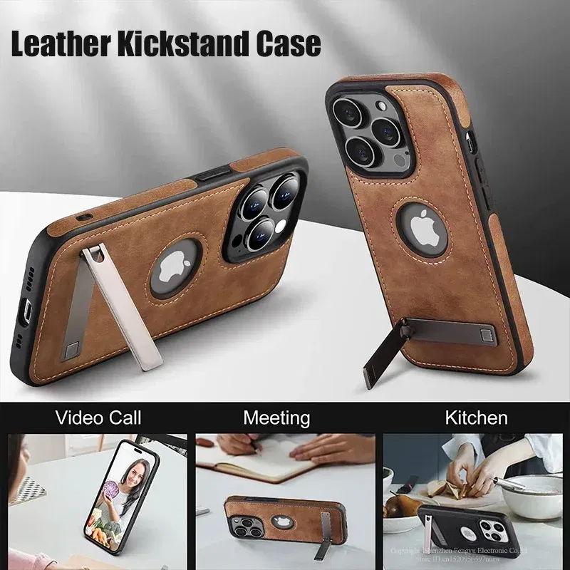 Color: Beige, Material: nylon - PU Leather Kickstand Phone Cases for iPhone 15 Pro Max 14 Plus 11 13 12 Mini Mobile Case with Holder Luxury Slim Shell Cover