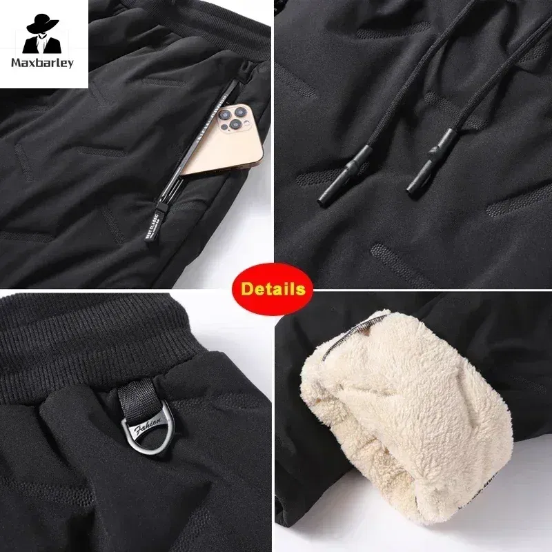 Size: XXL, Color: black - Winter Down Cotton Pants Men's Casual Waterproof Zipper Pocket Thickened Wool Warm Pants Jogger Outdoor Cold-proof Ski Pants 7XL