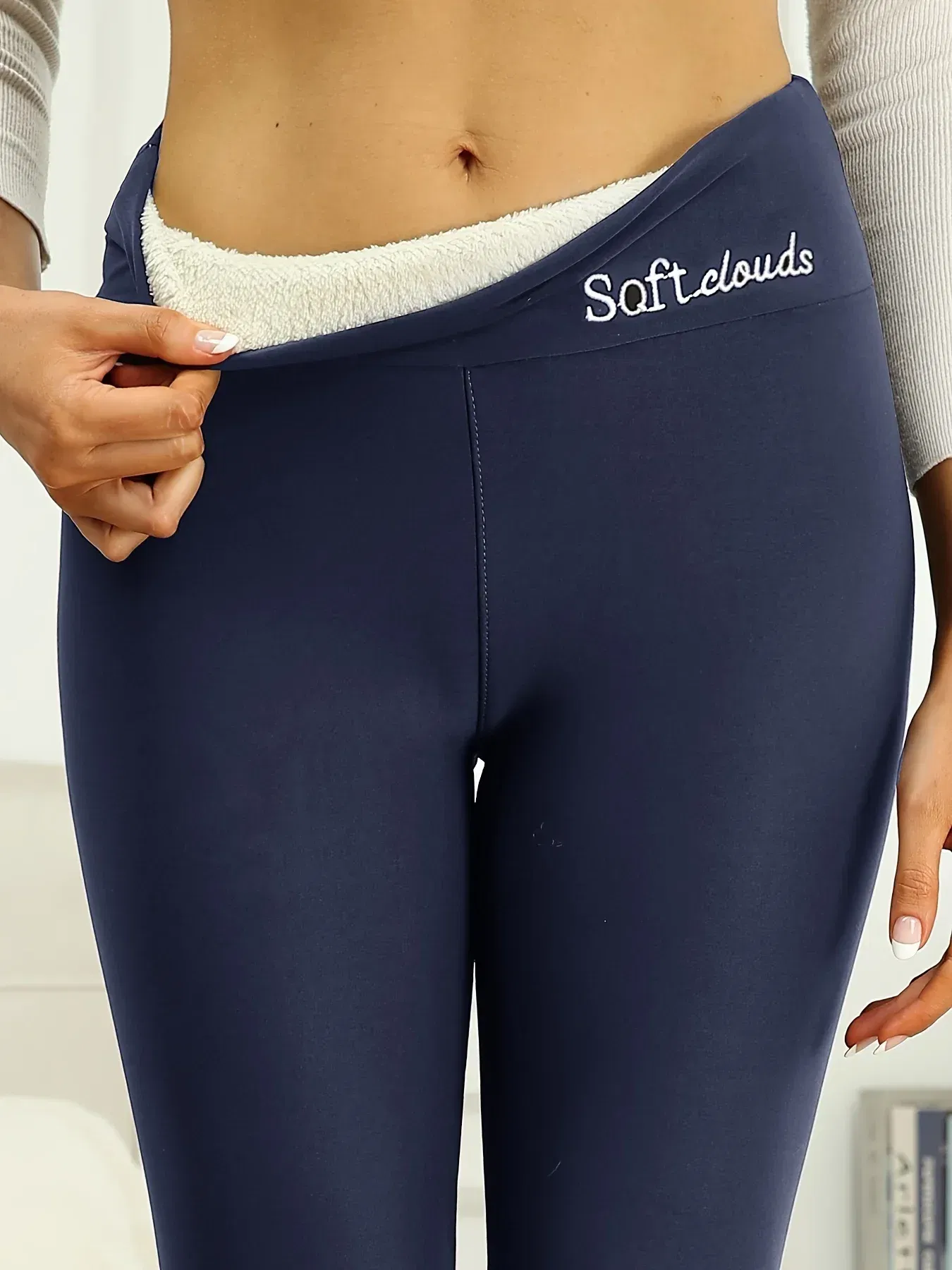 Color: Navy Blue, Size: M - Winter Women Warm Leggings Plush Lined Thermal Pants Thickened Letter Embroidery Slim Elastic Tights