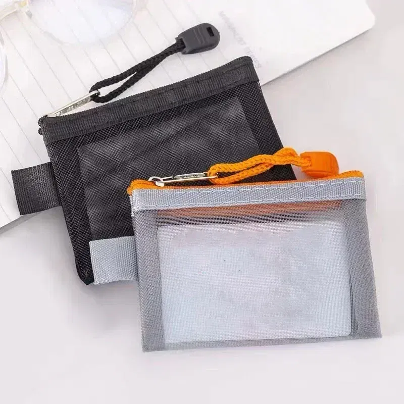 Color: Orange - Mini Mesh Coin Bags Money Earphone Data Line Storage Bags Bus ID Credit Card Holder Zipper Pouch Traveling Small Coin Wallet