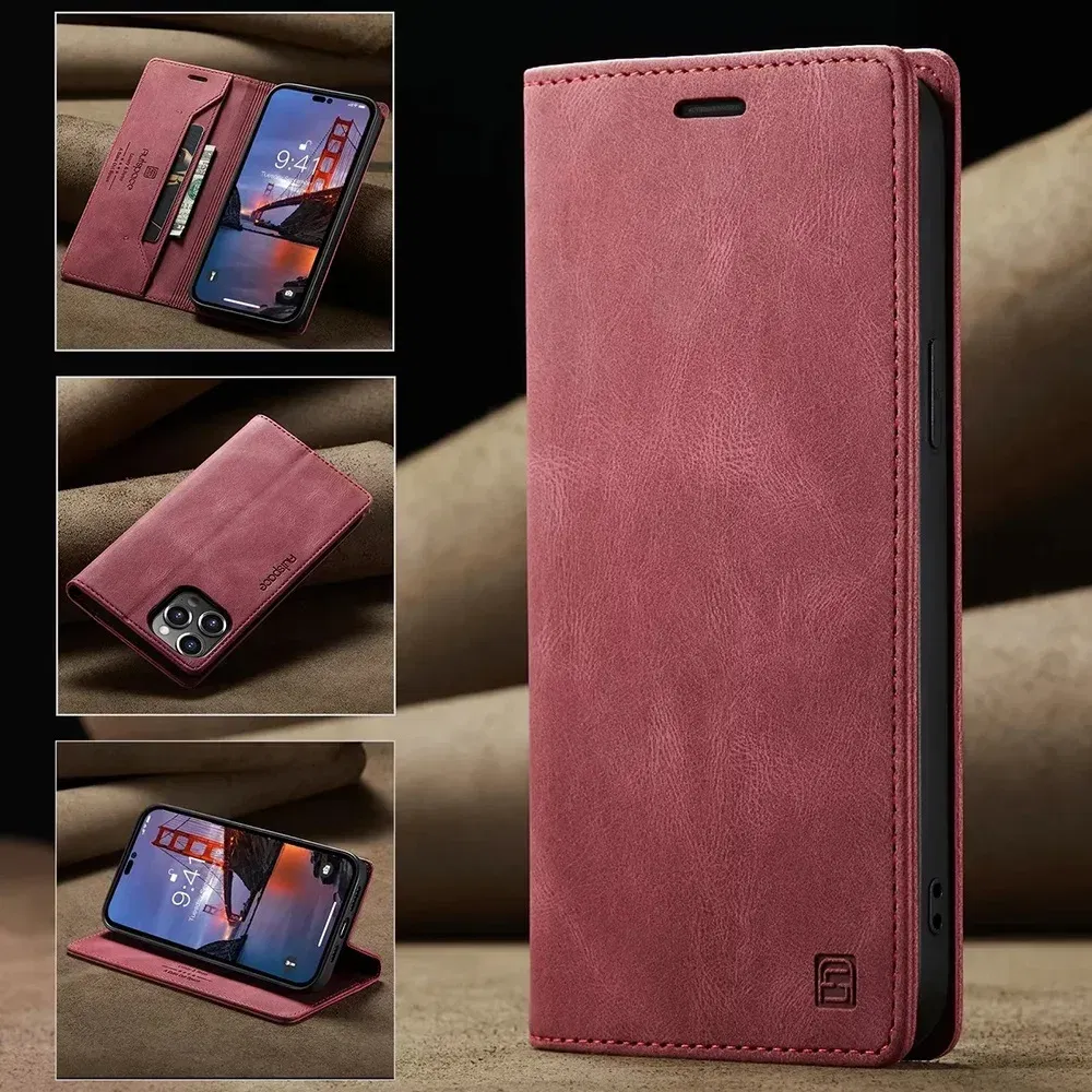 Color: Red, Material: Denim - Leather Cases for IPhone 16 15 14 13 12 11 Pro Max XR XS Max 8 7 6s Plus SE 2022 2020 Wallet Folio Flip Cover Rfid Blocking
