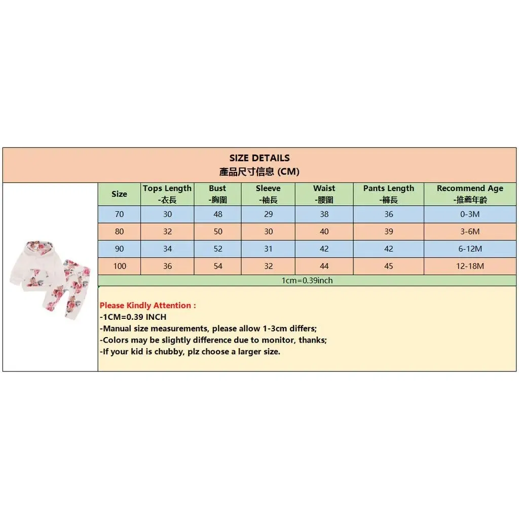 Color: WHITE, Kid Size: 6M - 0-18 Months Toddler Baby Girl 3PCS Hooded Clothes Set Flowers Print Long Sleeve Top+Pant+Bowknot Headband Fashion Autumn Outfit
