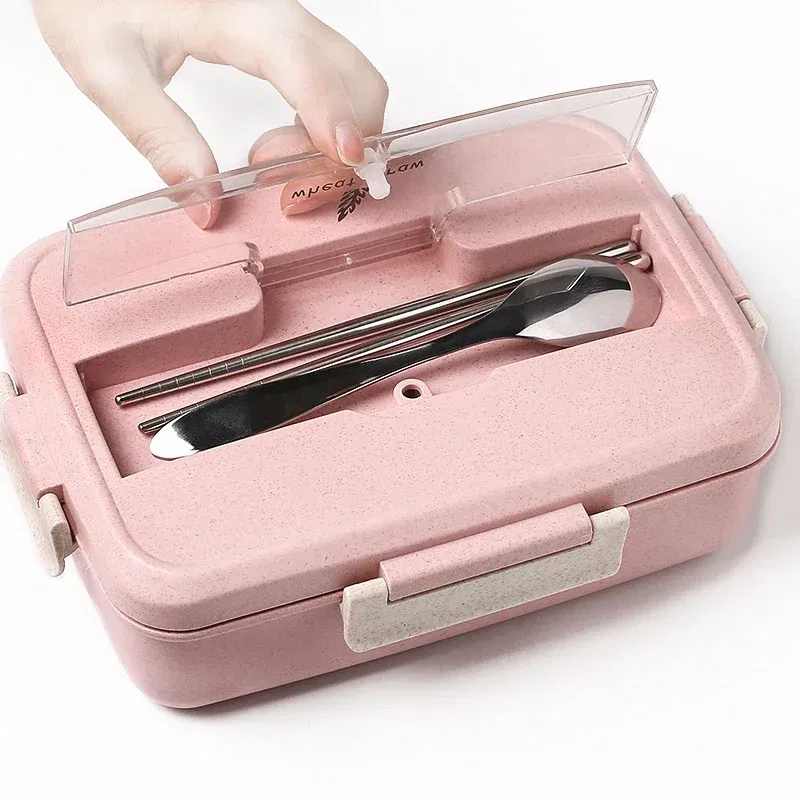 Color: Pink, Ships From: CHINA - Microwave Lunch Box Wheat Straw Dinnerware with Spoon Chopsticks Food Storage Container Children Kids School Office Bento Box