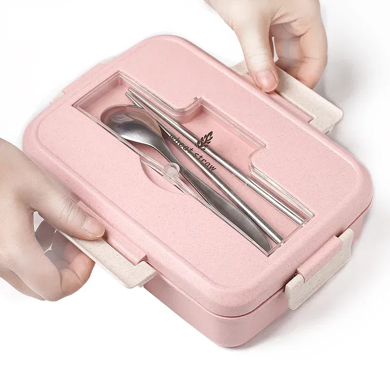 Color: Pink, Ships From: CHINA - Microwave Lunch Box Wheat Straw Dinnerware with Spoon Chopsticks Food Storage Container Children Kids School Office Bento Box