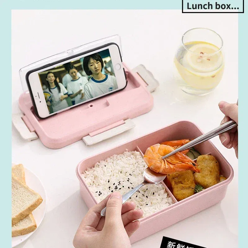 Color: Pink, Ships From: CHINA - Microwave Lunch Box Wheat Straw Dinnerware with Spoon Chopsticks Food Storage Container Children Kids School Office Bento Box