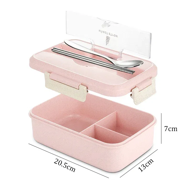 Color: Pink, Ships From: CHINA - Microwave Lunch Box Wheat Straw Dinnerware with Spoon Chopsticks Food Storage Container Children Kids School Office Bento Box