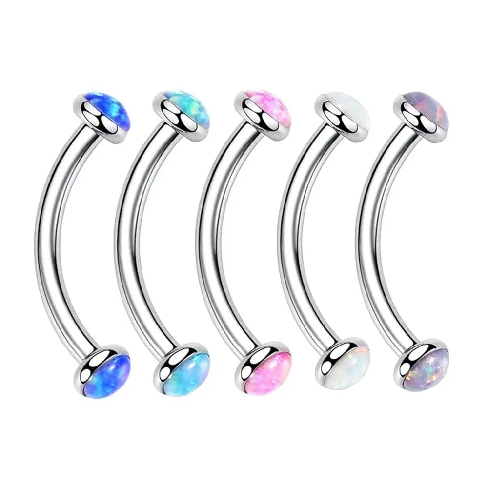 Metal color: Rhodium Plated, Main Stone Color: Red - 3/4/5mm Opal Steel Eyebrow Ring Internally Threaded 6mm -14mm Bar Curved Barbell Monroe Lip Stud Ear Tragus Piercing