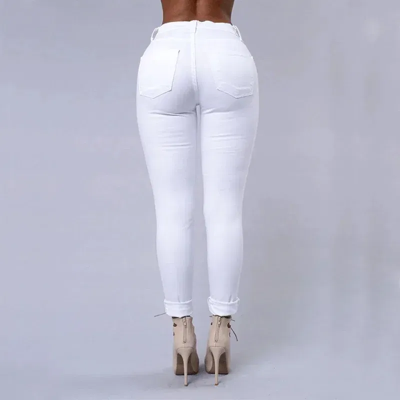 Color: WHITE, Size: XL - Women's Ripped Tight Sexy Large Size Skinny Pants Jeans for Women