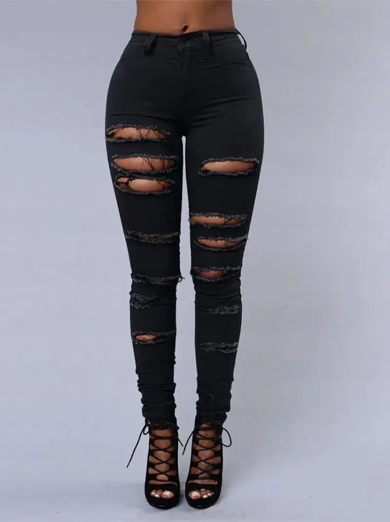 Color: WHITE, Size: XL - Women's Ripped Tight Sexy Large Size Skinny Pants Jeans for Women