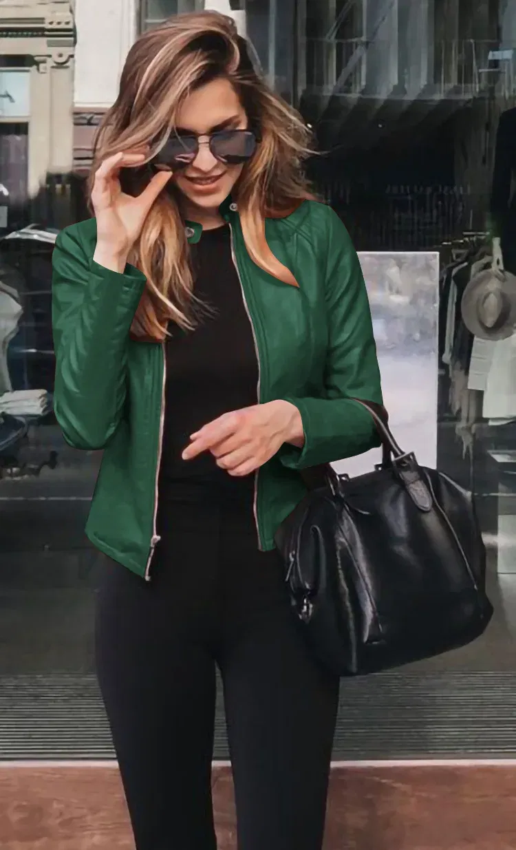 Color: green, Size: XXL - Womens Spring Full Long Sleeve Jacket Coat Autumn Leather Blazer Winter Zipper Outwear Suit Cardigan Female  Jackets
