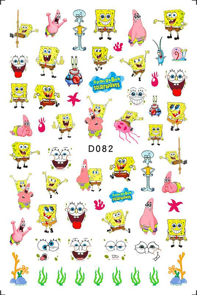 Color: Dark Grey - 1PCS Miniso Spongebob Cartoon Nail Stickers Nail Art Decoration Cute Hello Kitty Stitch Nail Art Stickers Nail Art Supplies