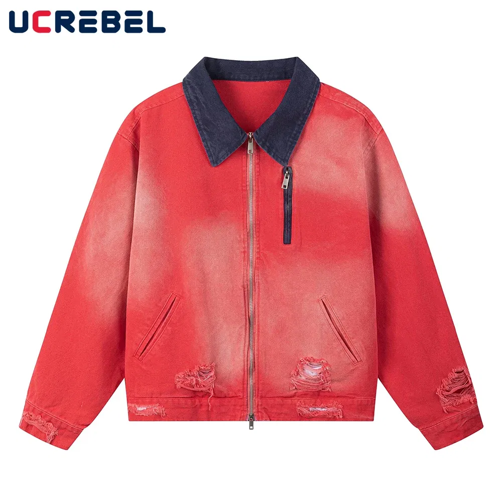 Color: Red, Size: L - Color Block Cargo Jacket Mens Ripped Spring Retro High Street Loose Lapel Long Sleeve Outerwear Men
