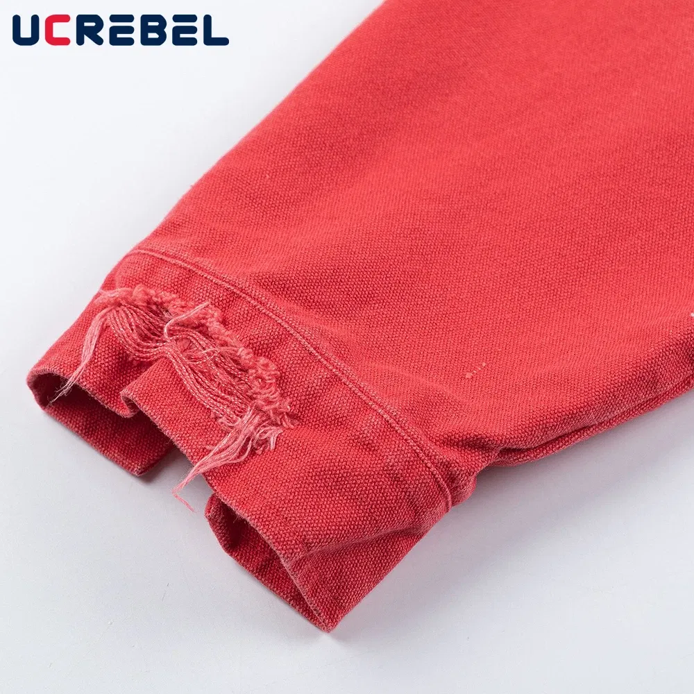 Color: Red, Size: L - Color Block Cargo Jacket Mens Ripped Spring Retro High Street Loose Lapel Long Sleeve Outerwear Men
