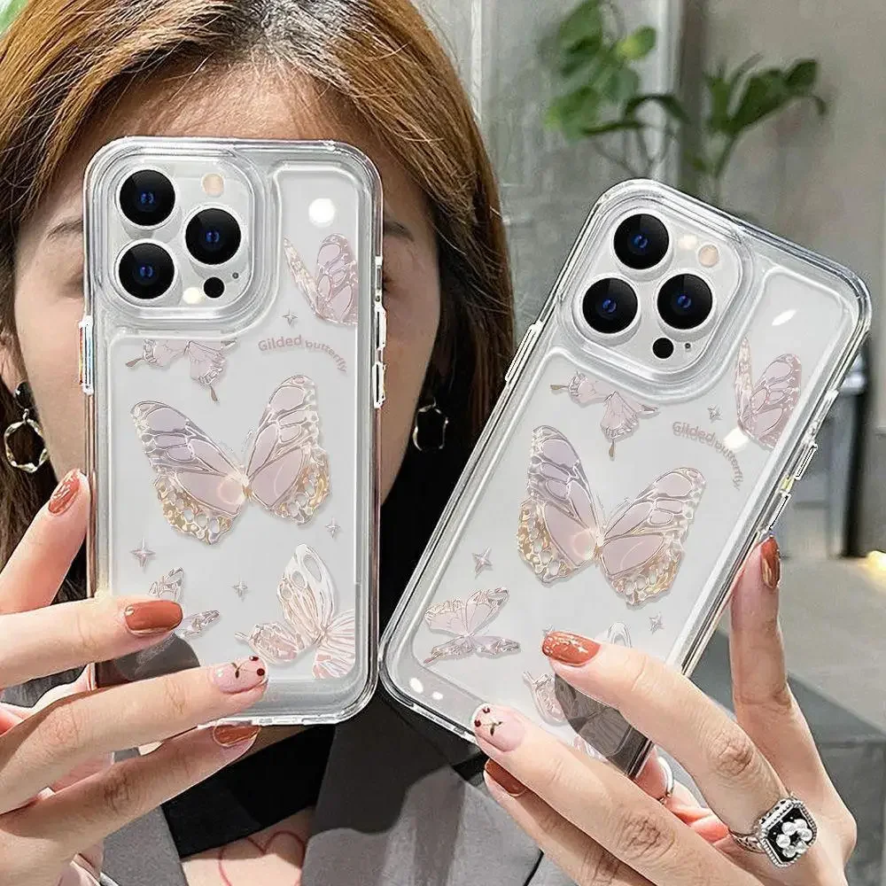 Color: Clear, Material: POLYESTER - Simple Space Transparent Anti-fall Phone Case For iPhone 15 11 14 13 12 Pro Max Plus Silicone Protect Flower Butterfly Cover
