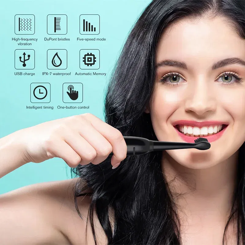 Color: green - Electric Toothbrush 5-gear Mode USB Charging 4 colors IPX7 Waterproof Ultrasonic Rechargeable Soft Hair Toothbrush Adult Classic