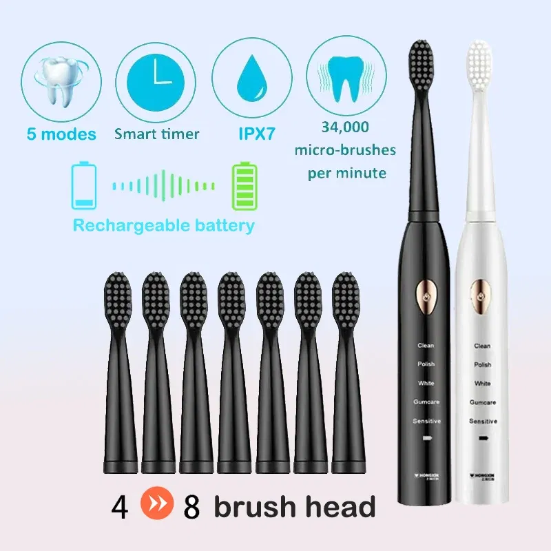 Color: green - Electric Toothbrush 5-gear Mode USB Charging 4 colors IPX7 Waterproof Ultrasonic Rechargeable Soft Hair Toothbrush Adult Classic