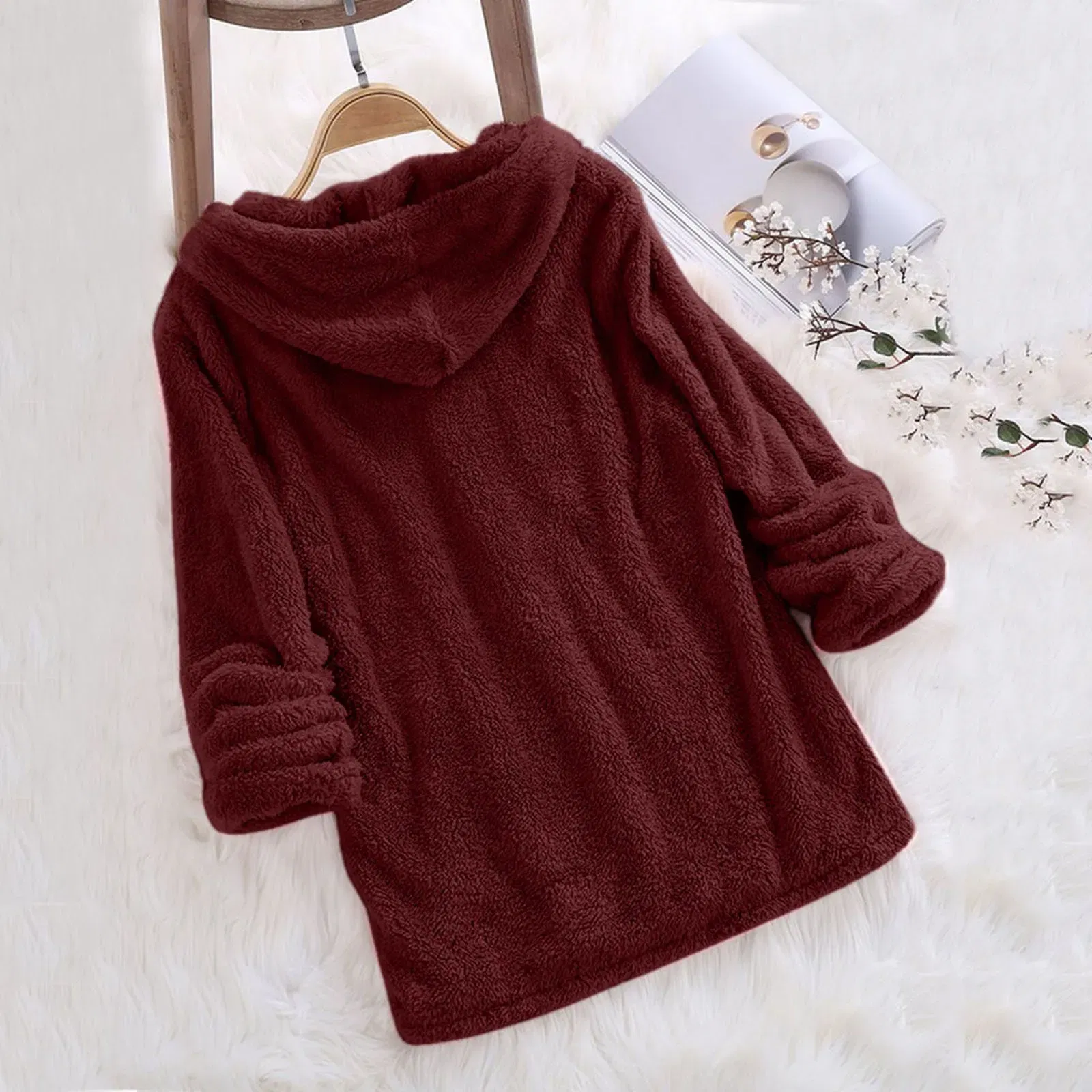 Color: Pink, Size: XL, Ships From: CN - Women's Winter Casual Solid Color Plush Hooded Long Sleeve Pullover Thick Warm Fluffy Sweatshirts Blouse Oversized Loose Tops