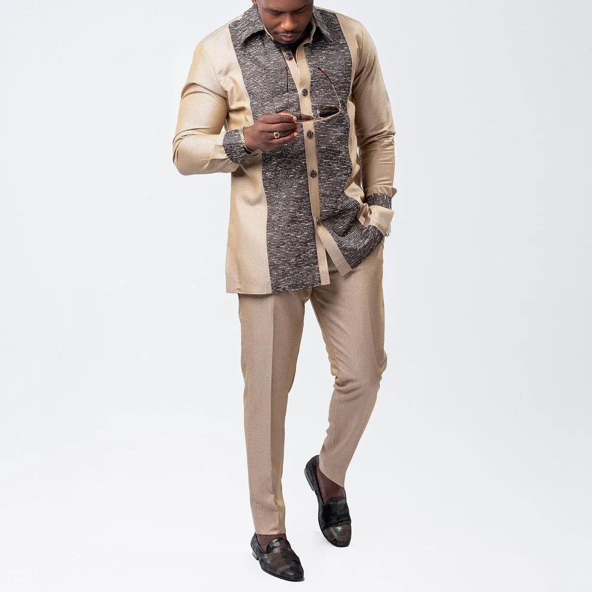 Color: Khaki, Size: XL - 2025 New men's suit, white pocket, 2-piece set, luxury wedding casual suit, traditional African style of ethnic minorities