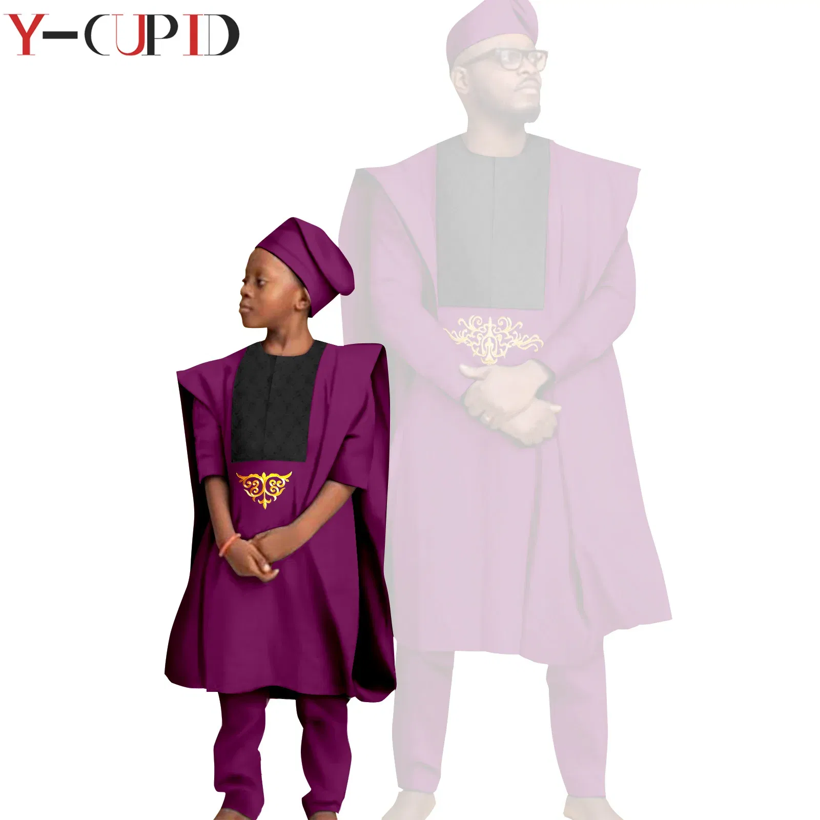 Color: Brown, Size: Mother 6XL - African Clothes for Men Top Pants Robes Hat Sets Match Kid Boy Sets Dashiki Father and Son Bazin Riche Family Outfits Y20F001