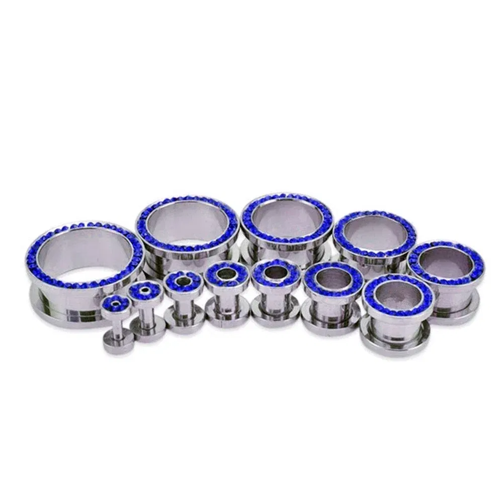 Metal color: Pure Gold Color, Main Stone Color: PURPLE - 2pc Steel Multicolour Crystal Ear Plug Flesh Tunnel 8g ( 3mm ) - 1" ( 25mm ) Gauge Expander Stretcher Screw Fit