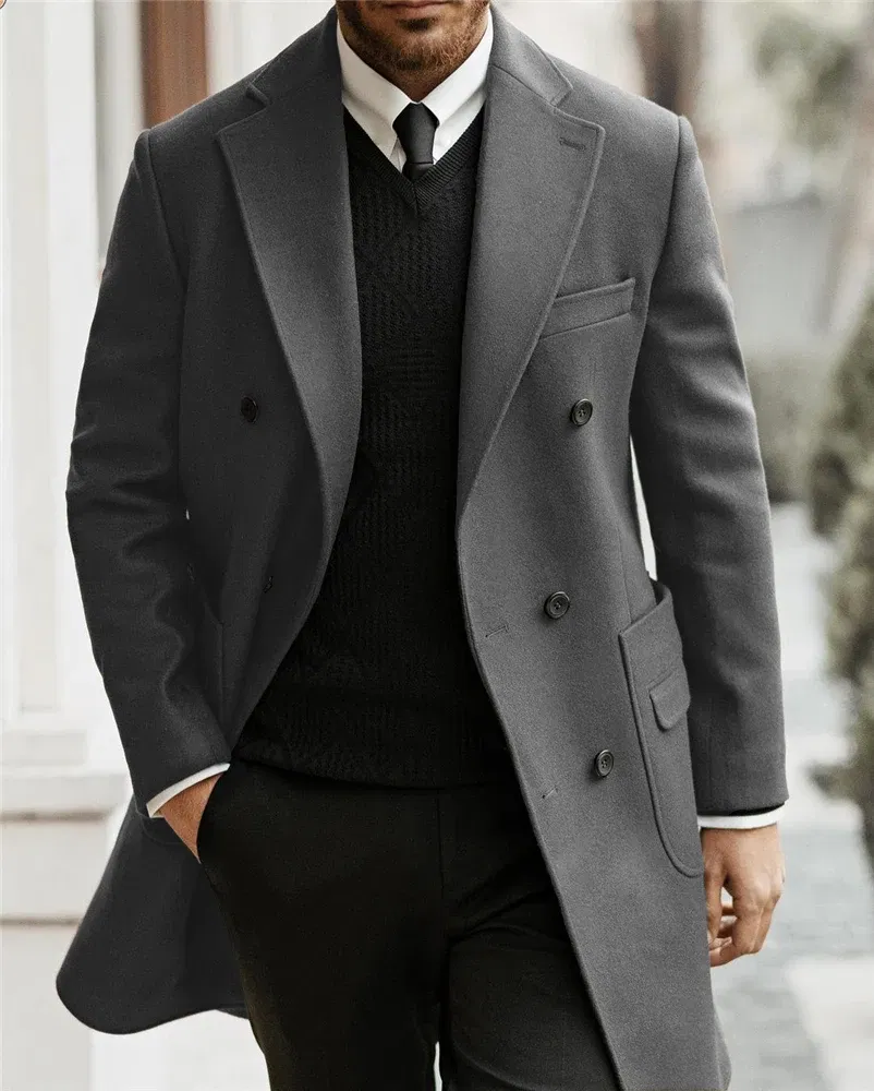 Color: black, Size: XL - Classic Man Trench Coat Customized Notched Lapel Full Man Terno Double Breasted Elegant Gentleman Long Coat Men's Winter Jacket