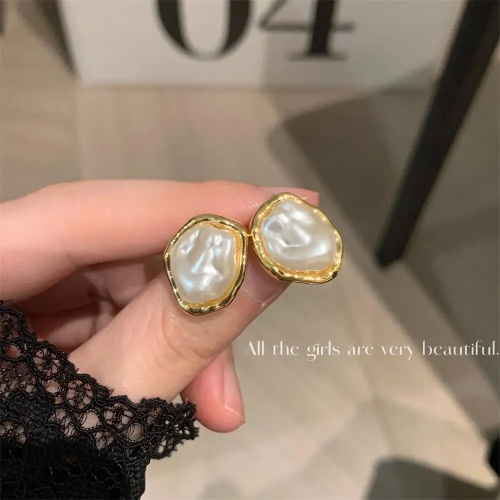 Metal Color: SILVER PLATED - Geometric Irregular Round Metal Pearl Earrings for Women 2024 Minimalist Style Personality Earrings Trendy Jewelry Gift