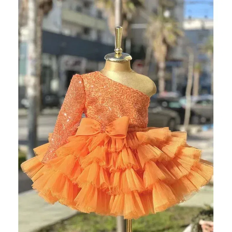 Kid Size: 4T, Color: Khaki - 2-12 years old  sequin long-sleeved dress girl puffy dress girl lace birthday wedding flower girl bow performance dress