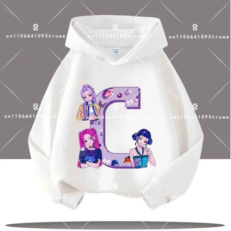 Color: Silver, Kid Size: 9 - K-pop Demon Hunters Letter A-Z 3-12 Year Old Children Hooded Sweatshirt Girls' Casual Shirt Boys' Sports Shirt Cartoon Print