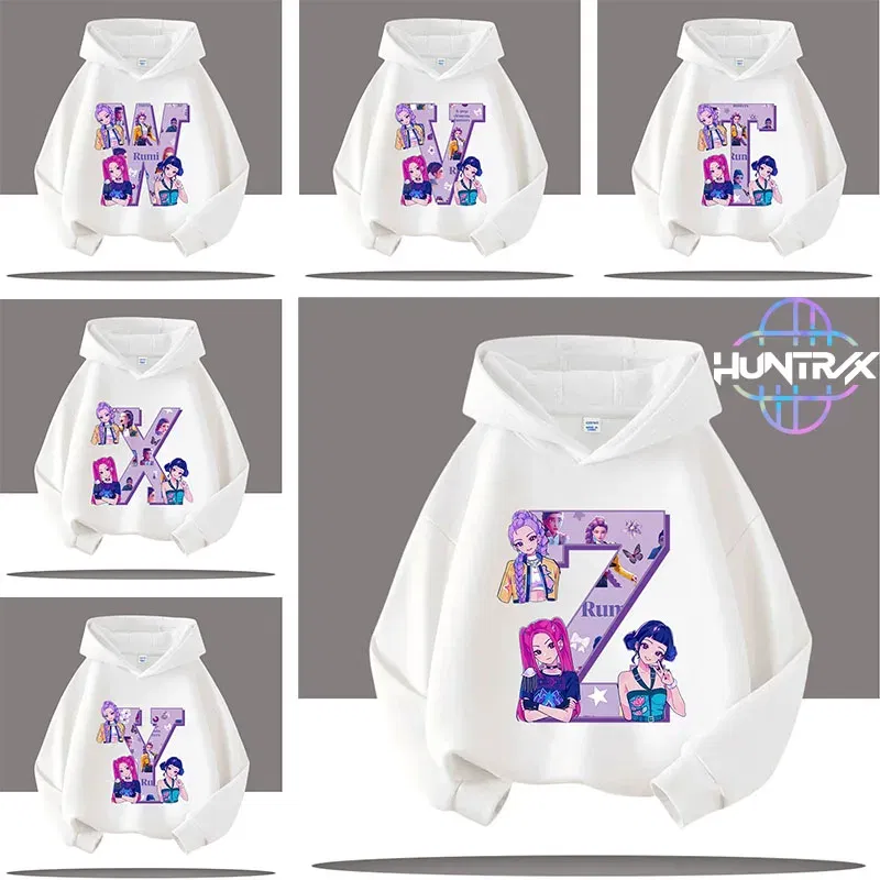 Color: Silver, Kid Size: 9 - K-pop Demon Hunters Letter A-Z 3-12 Year Old Children Hooded Sweatshirt Girls' Casual Shirt Boys' Sports Shirt Cartoon Print