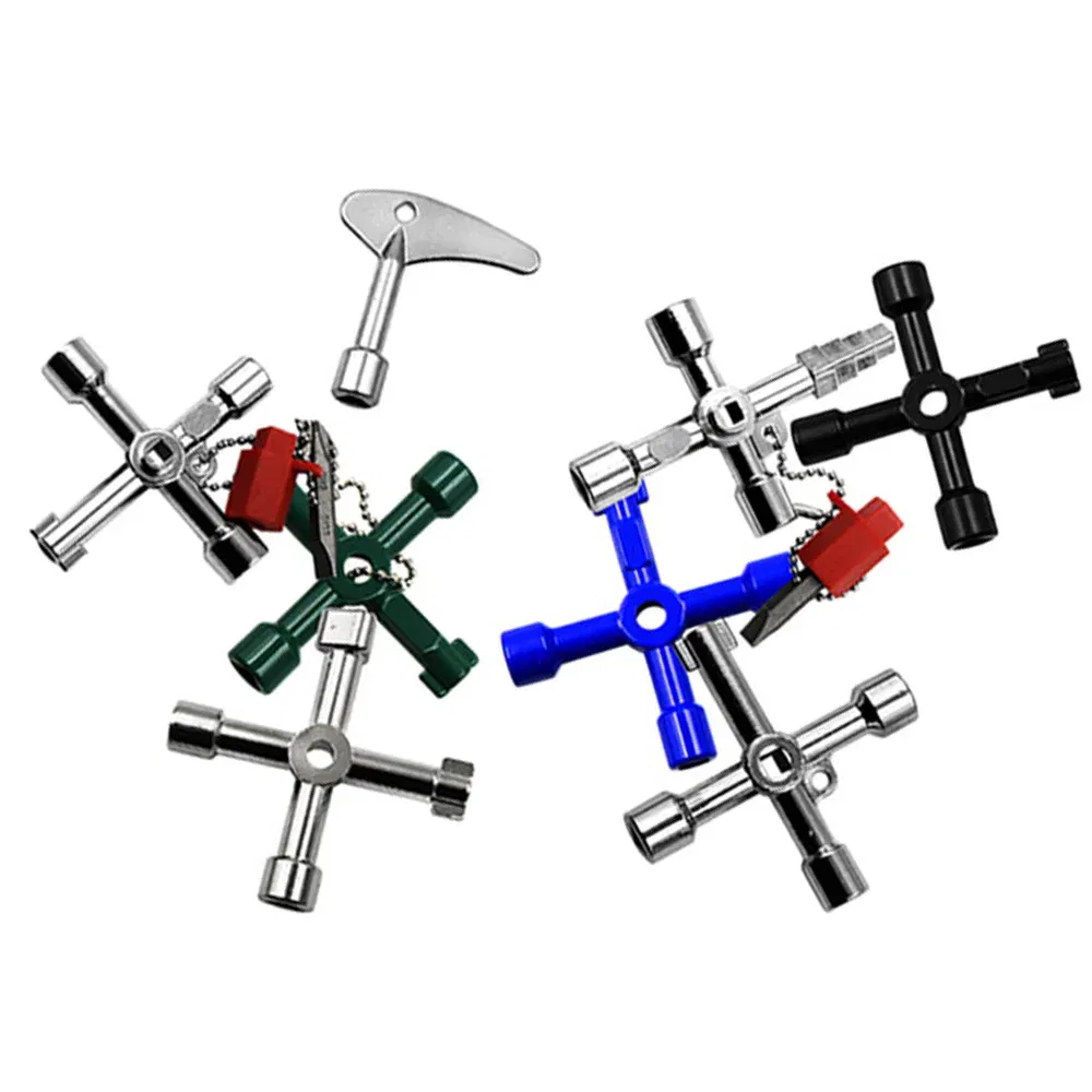 Color: Silver - Electric Cabinet Car Elevator Cross Key Wrench Water Meter Valve Key Internal Triangle Multi-purpose Tool Portable Blue Green