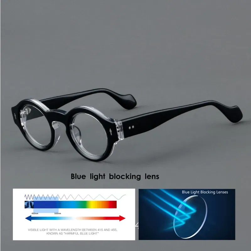 Frame Color: black, Eye Prescription: +500 - VCKA Round Acetate Reading Glasses Frame Retro Men Prescription Anti-blue discolor Women Custom Optics Retro Eyewear +0.50to +10