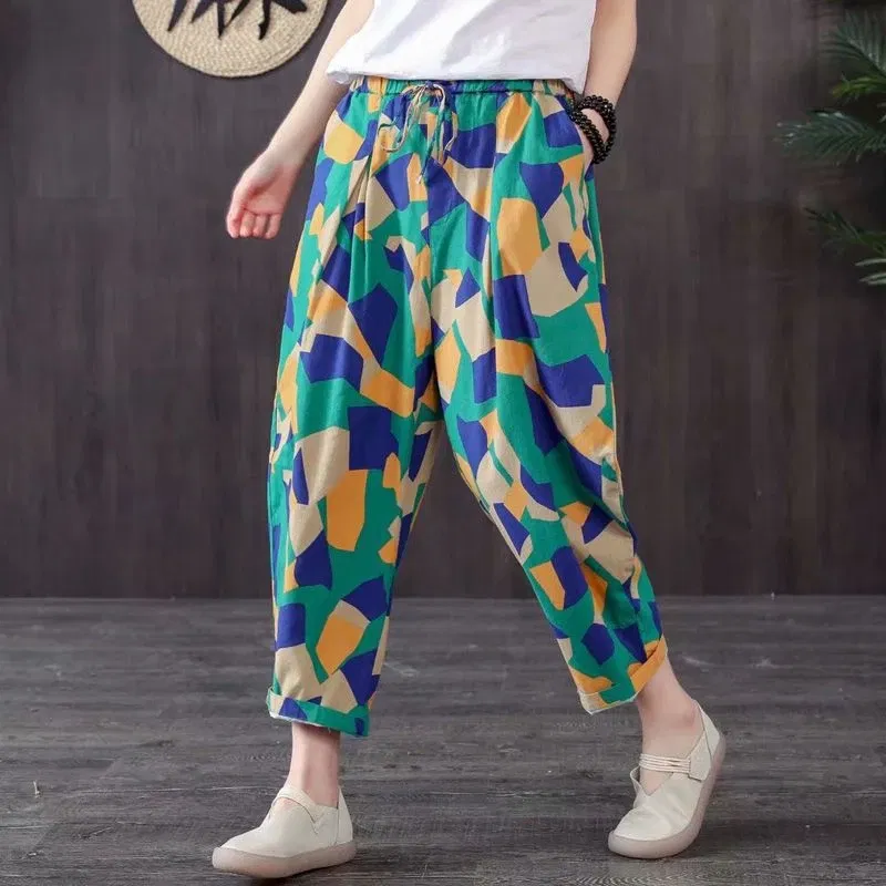 Color: Blue, Size: M - Cotton and Linen Pants for Women Summer  Printing Harem Pants Female Mother Loose Retro Fashion Women's Ankle Length  Pants