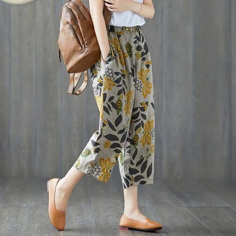 Color: Blue, Size: M - Cotton and Linen Pants for Women Summer  Printing Harem Pants Female Mother Loose Retro Fashion Women's Ankle Length  Pants