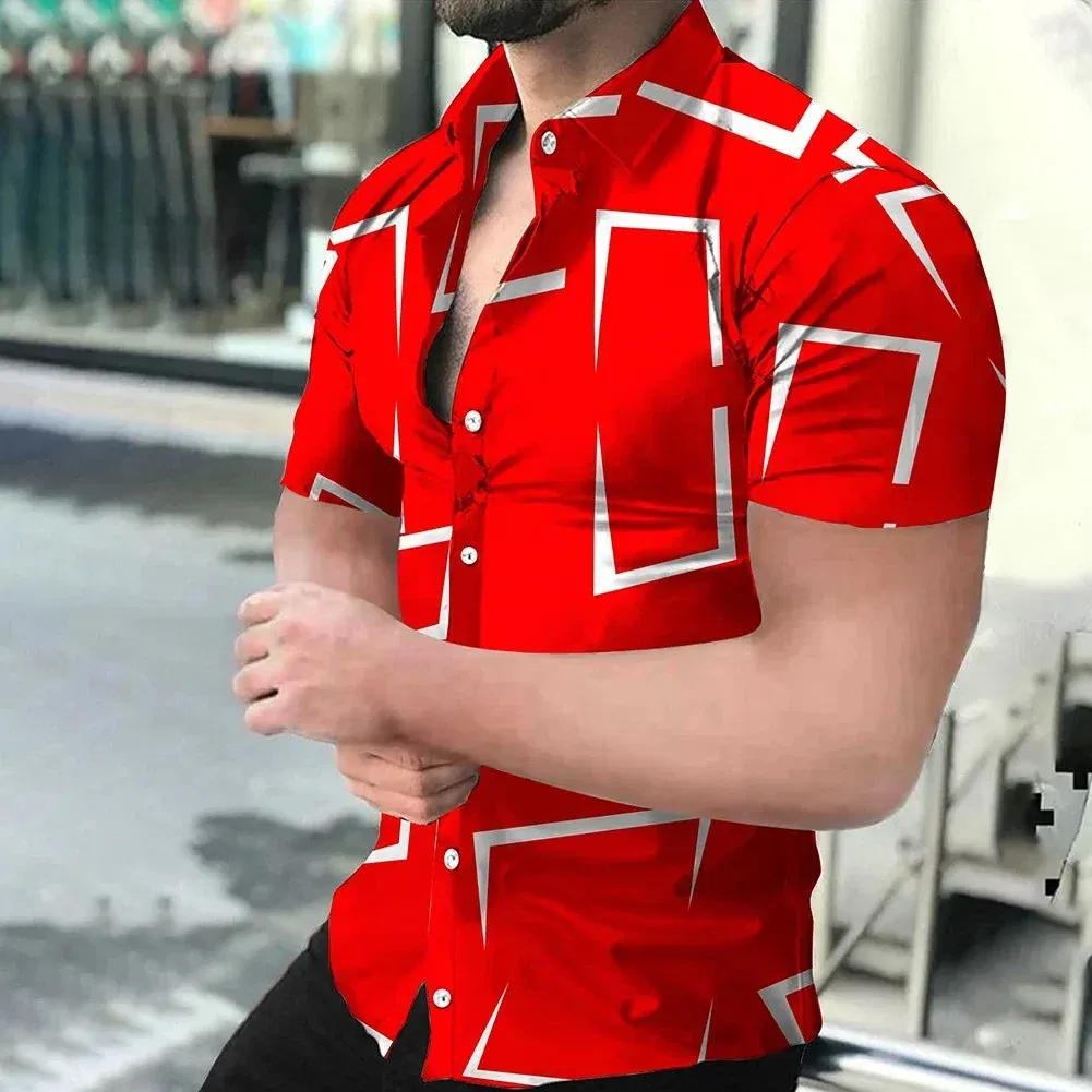 Color: Blue, Size: 5XL - 3D Men's Striped Printed Short Sleeve Shirt, Fashionable And Casual Loose Shirt, 2023 New Style.