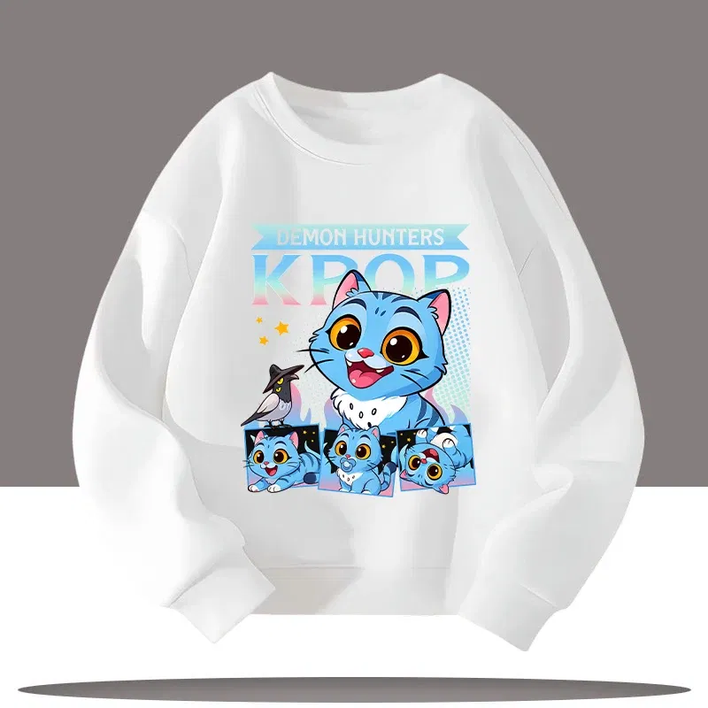 Color: Beige, Kid Size: 8 - Children's Clothing K-pop Demon Hunters Cartoon Print 3-12 Year Old New Style Kids Round-neck Sport Shirt Cute Girl Casual Top