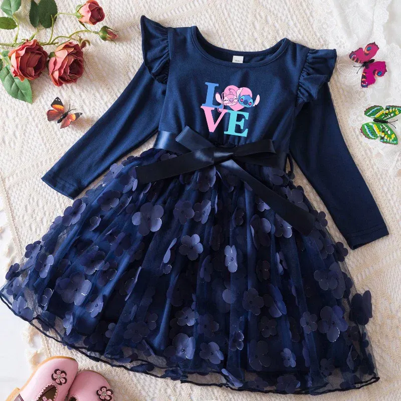 Color: APRICOT, Size: One Size, Height: 176 - Lilo Stitch Girl Baby Dresses Spring Autumn Child Long Sleeve Sweet Princess Dress Mesh Newborn Casual Dress Birthday Party 2-6Y