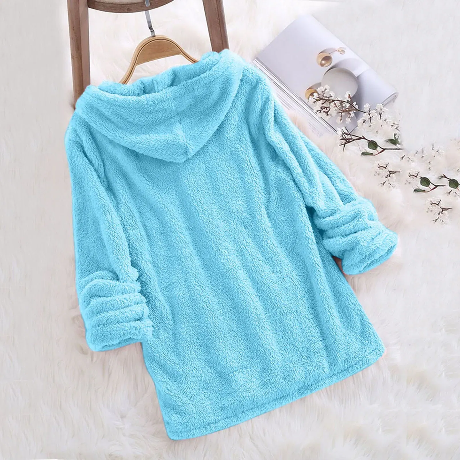 Color: SKY BLUE, Size: S, Ships From: CN - Women's Winter Casual Solid Color Plush Hooded Long Sleeve Pullover Thick Warm Fluffy Sweatshirts Blouse Oversized Loose Tops