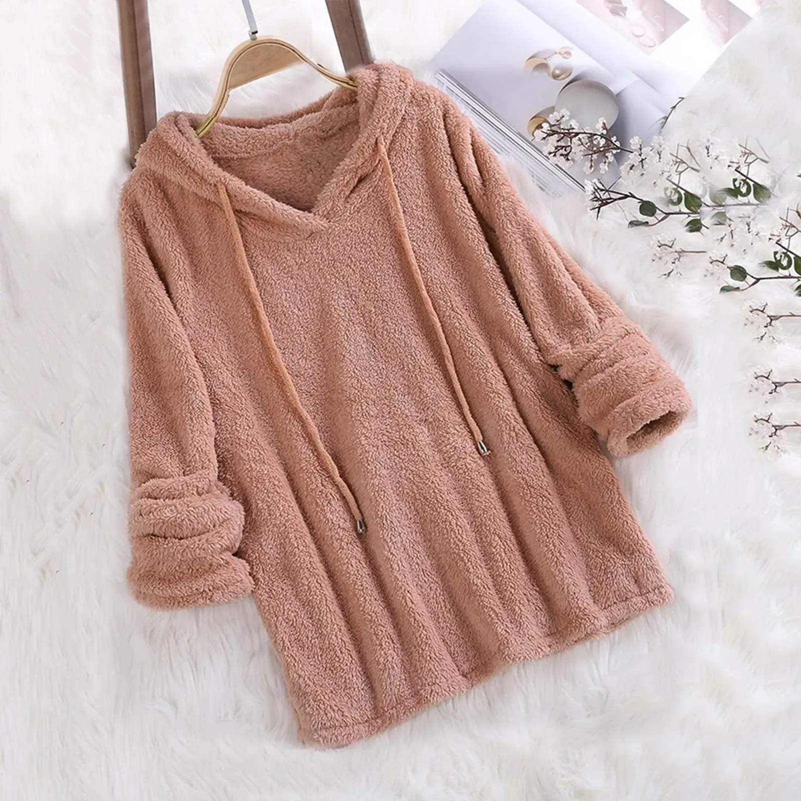 Color: SKY BLUE, Size: S, Ships From: CN - Women's Winter Casual Solid Color Plush Hooded Long Sleeve Pullover Thick Warm Fluffy Sweatshirts Blouse Oversized Loose Tops