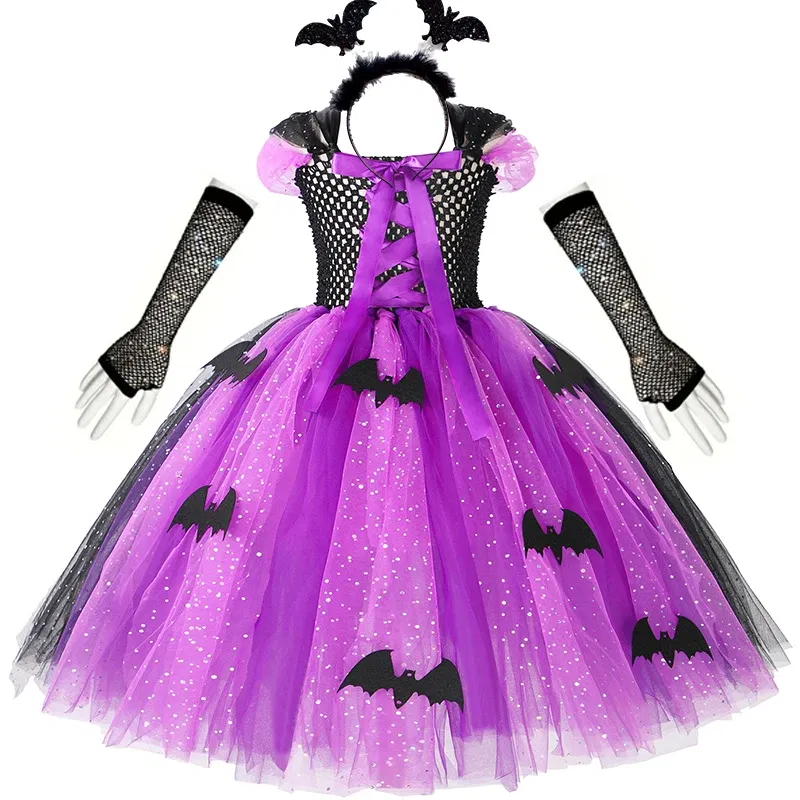 Color: Pink, Kid Size: 9 - Halloween Witch Tutu Dress for Girls Handmade Mesh Bat Wizard Cosplay Costumes with Hat Broom Toddler Evil Party Clothes Set