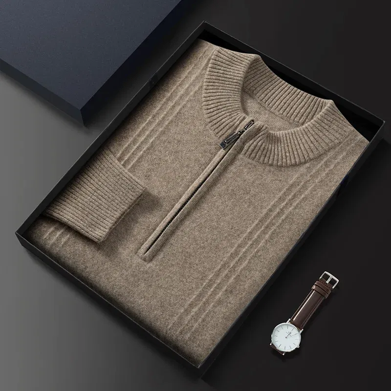Color: Khaki, Size: M - Men's Sweater Pullover Autumn Winter Sweater Warm Clothing 100% Cashmere Business Long Sleeve Classic Quality Mock Neck Knit Top