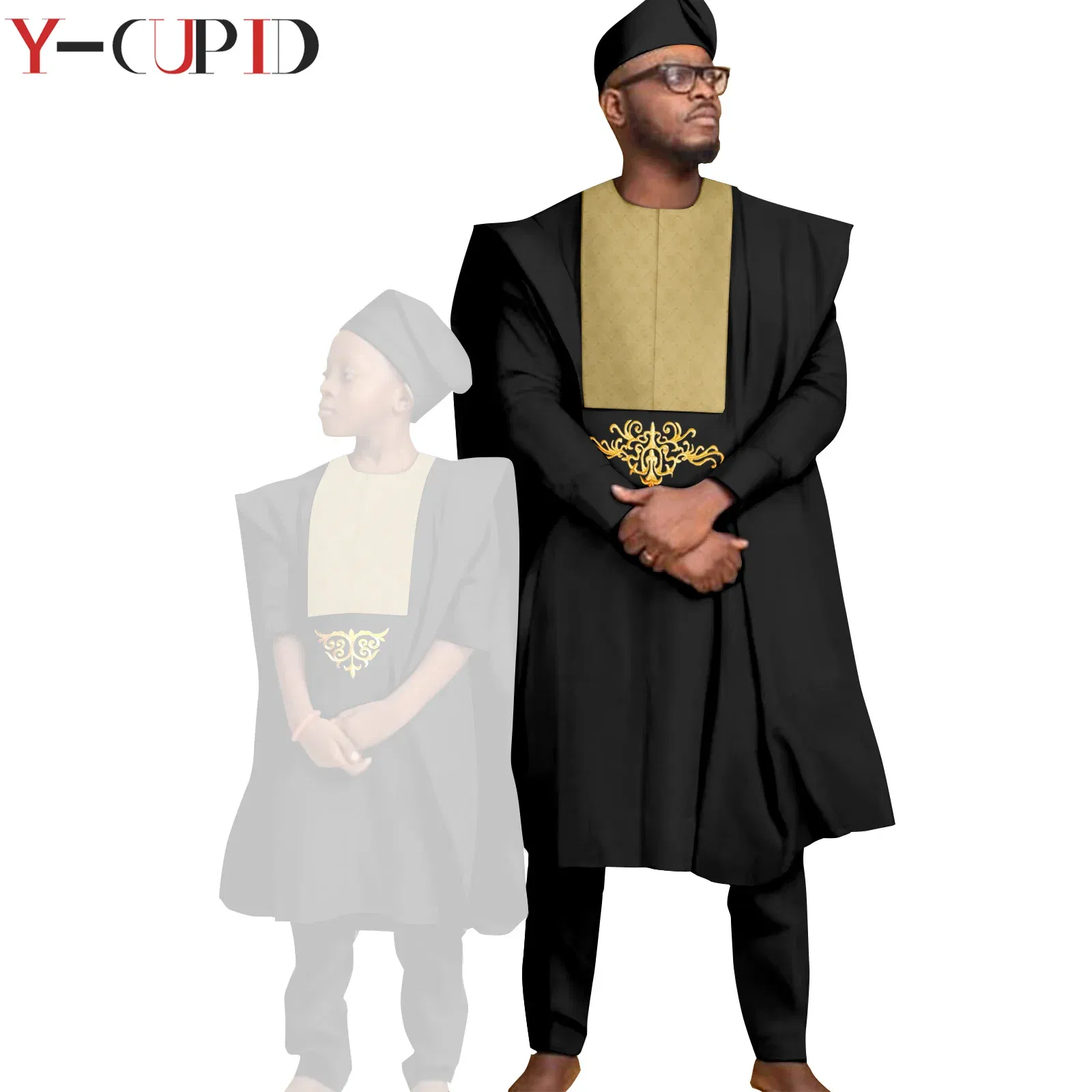 Color: WHITE, Size: Mother 6XL - African Clothes for Men Top Pants Robes Hat Sets Match Kid Boy Sets Dashiki Father and Son Bazin Riche Family Outfits Y20F001