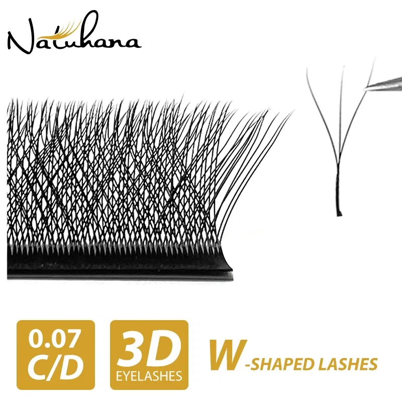 Color: Brushed Brass, Curl: L, Thickness: 0.07mm, Length: 14mm - NATUHANA W-Shaped 4D 5D Volume Eyelash Extensions Premade Volume Fans W Shape Lashes Natural Soft False Eyelashes for Makeup