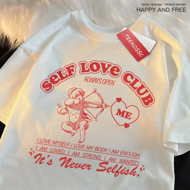 Color: WHITE, Size: S - Self Love Club Fun Cupid Men Women T Shirts Breathable Street Tee Clothes Cotton Summer Fashion Loose Casual Oversized T Shirt