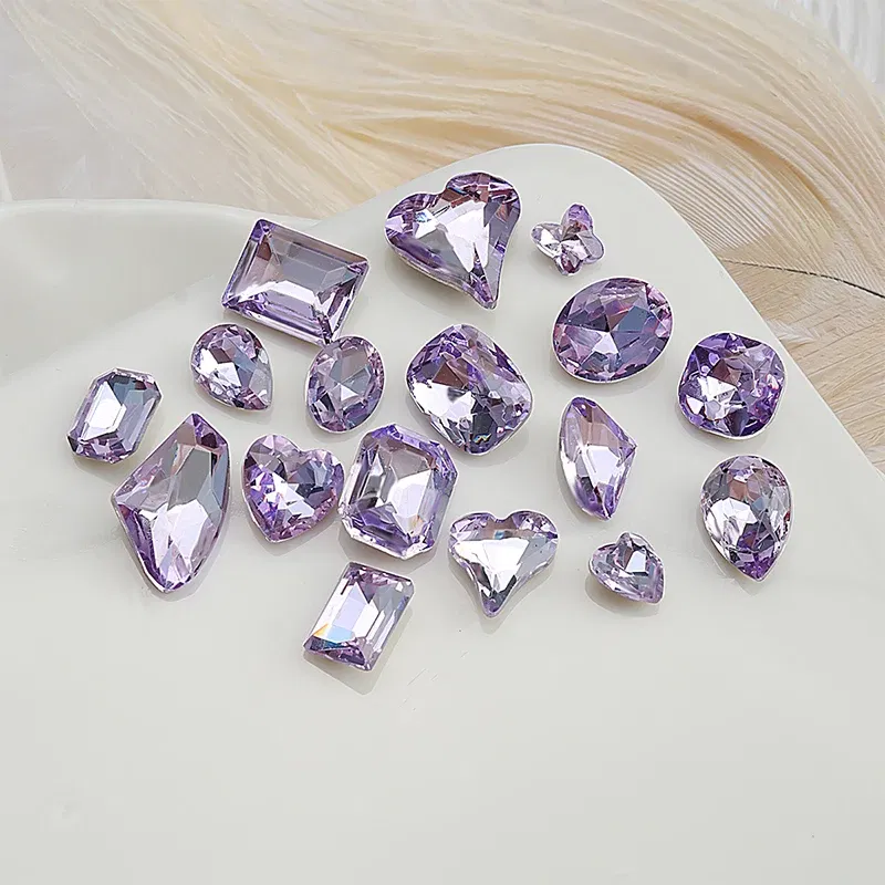 Color: black - 20pcs Nail Art Light Purple Sparkling Crystal Glass Diamond Violet Pointed Bottom Bare Rhinestone Gem Nail Accessories Charms