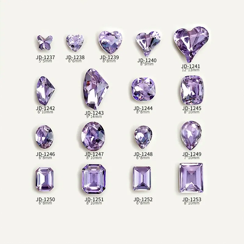 Color: black - 20pcs Nail Art Light Purple Sparkling Crystal Glass Diamond Violet Pointed Bottom Bare Rhinestone Gem Nail Accessories Charms