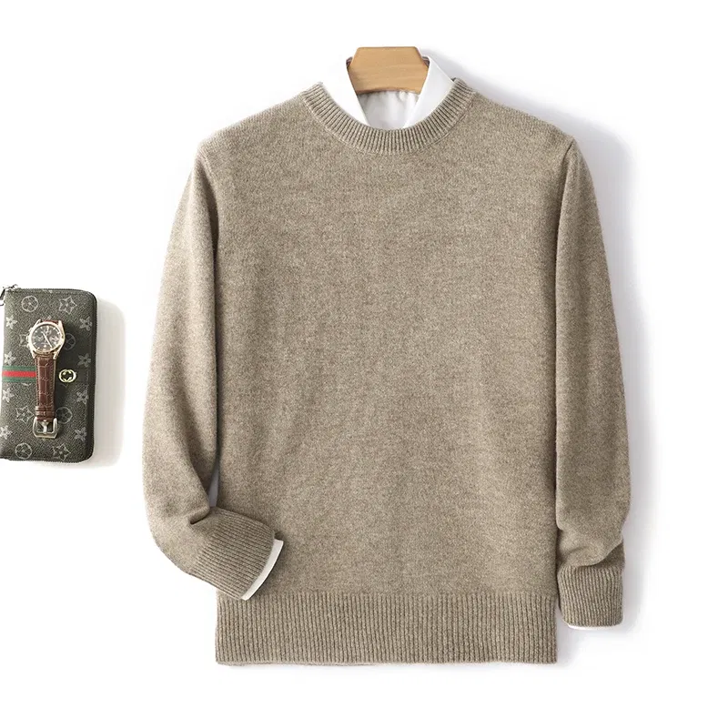 Color: Khaki, Size: XXL, Ships From: CHINA - Men's 100% Pure Wool Cashmere Sweater O-Neck Pullover Knit Sweater Autumn and Winter New Long Sleeve High-End Jumpers Thick Tops